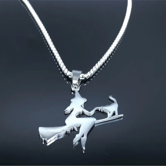 Witch Broom‎ Cat Pendant Necklace Women Witchcraft Silvery Color Hollow Out - Picture 4 of 11
